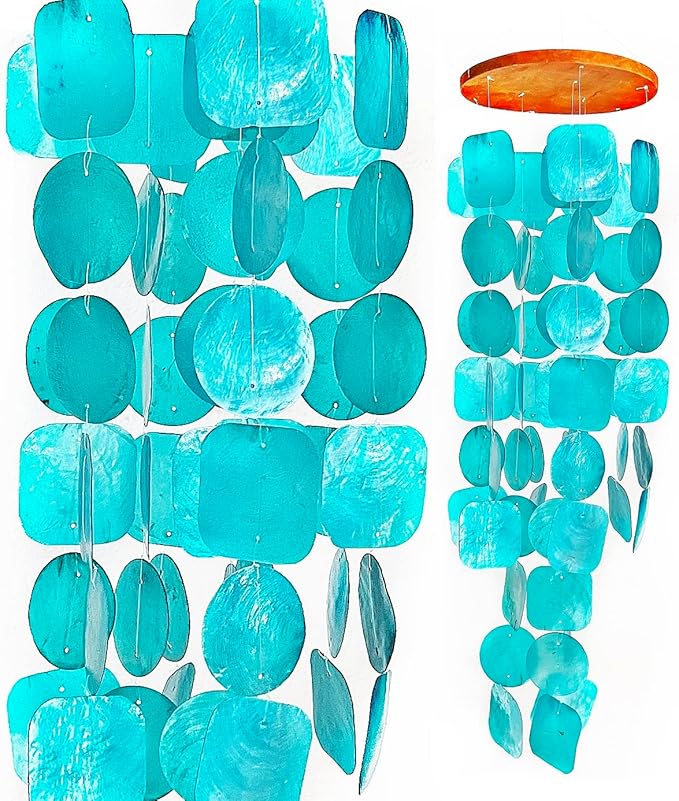 Bellaa 20744 Wind Chimes Outdoor, Garden Decorations, Musical, Indoor/Outside Windchimes, Beach, Ocean Breeze, Gifts for Mom, Gift for All Occasions, Capiz Sea Glass Shells Wood Turquoise Blue