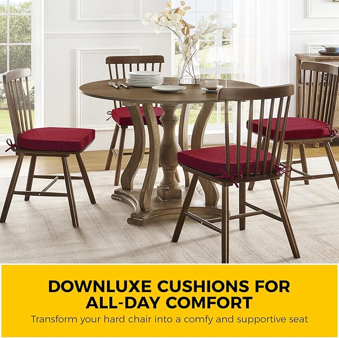 downluxe Indoor Chair Cushions for Dining Chairs, Soft and Comfortable Textured Foam Kitchen Chair Pads with Ties and Non-Slip Backing, 16" x 16" x 2", Red, 4 Pack