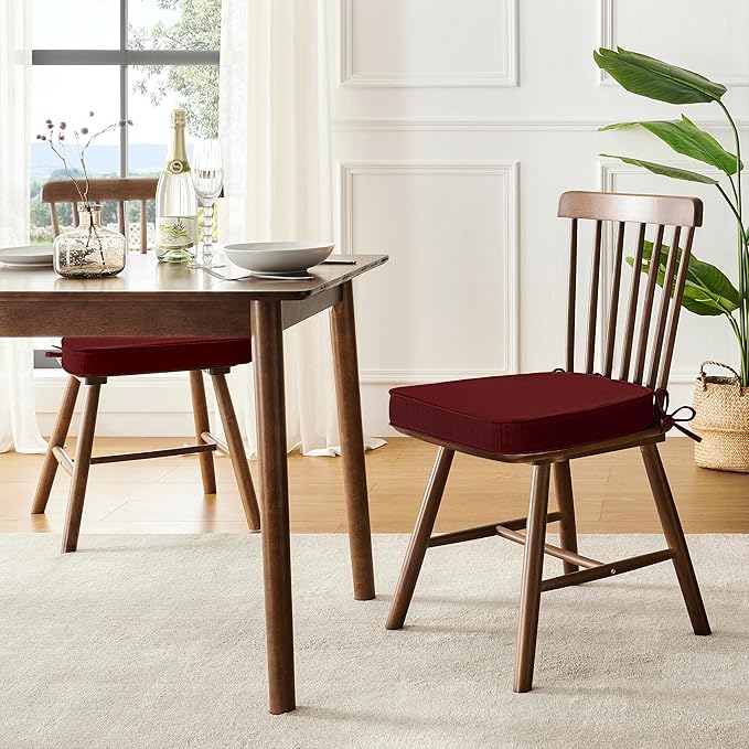 downluxe Chair Cushions for Dining Chairs, Waterproof Kitchen Chair Pads, Non-Slip Dining Seat Cushion with Ties, 17" x 16" x 2.5", Burgundy, 6 Pack