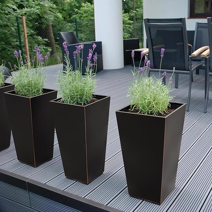 Metallic Taper Planter, 26 Inch Tall Tapered Planter for Front Porch, Patio, Deck, Garden Indoor/Outdoor Tree Planters, Set of 2 Black with Copper Hand Brushed Rim