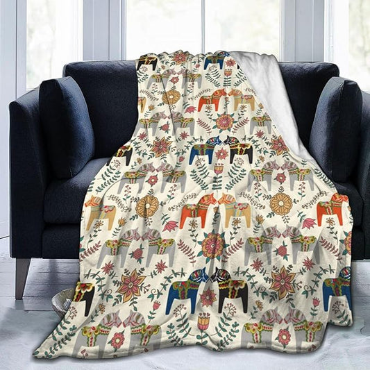 Swedish Dala Horses Throw Blanket Soft Fleece Blanket Men Women Gift for Kids Boys Girls for Party Couch Sofa Bed Deco Blankets 80x60 Inches
