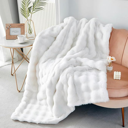 RYNGHIPY Faux Fur Throw Blanket Double Sided Thick and Warm Plush Fluffy Faux Rabbit Fur Decoration for Couch Sofa Chair and Bed Cream Winter Blanket (Ivory, 51''x63'')