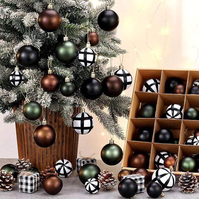 64 Pcs Neutral Christmas Ball Ornaments Bulk Matt Glitter Check Brown Green Black Xmas Bulbs Ornaments 1.6/1.97/2.4 Inch Modern Christmas Decorations for Tree Holiday Indoor Wreath Home Decor