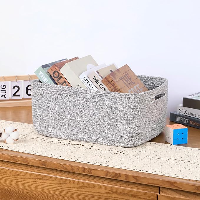 Large Storage Baskets for Organizing, Closet Shelf Baskets for Clothes Blanket Towels, Baby Nursery, Toy Bins Box, Woven Rope Baskets, 17 x 13 x 7.5”, 4 Packs Mixed Grey