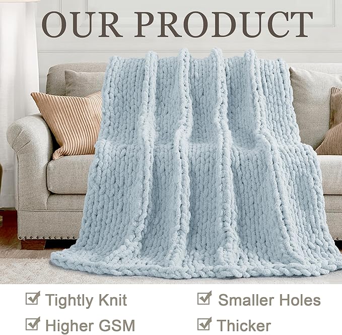 Chunky Knit Throw Blanket 50"X 60", 100% Handmade with Soft Chenille Yarn, 4.4lbs Thick Cable Knitted Blankets, Large Rope Knot Crochet Throws for Couch Sofa Bed Home Decor, Baby Blue
