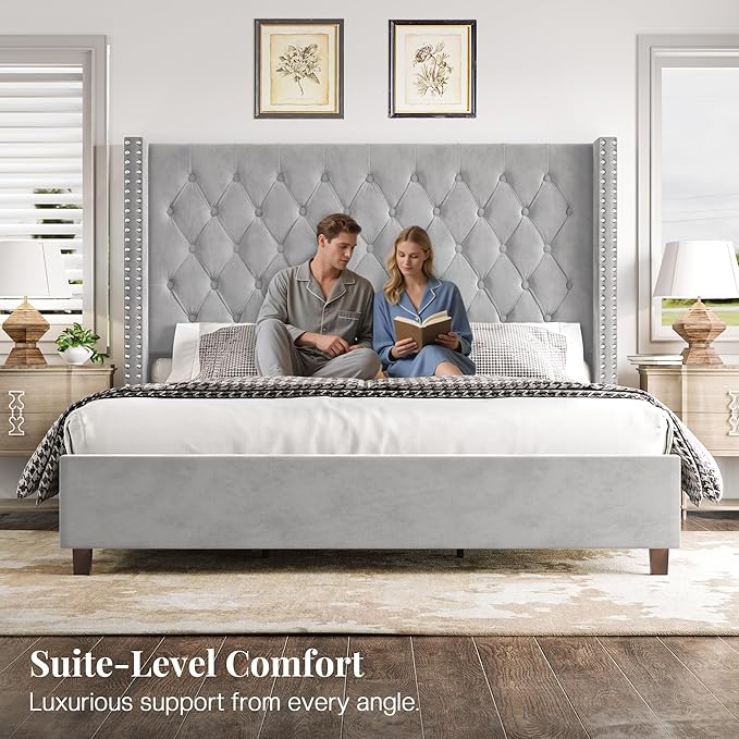PaPaJet Queen Size Bed Frame with 61.4" Tall Headboard, Velvet Upholstered Platform and Handmade Deep Button Tufting, No Box Spring Required, Grey