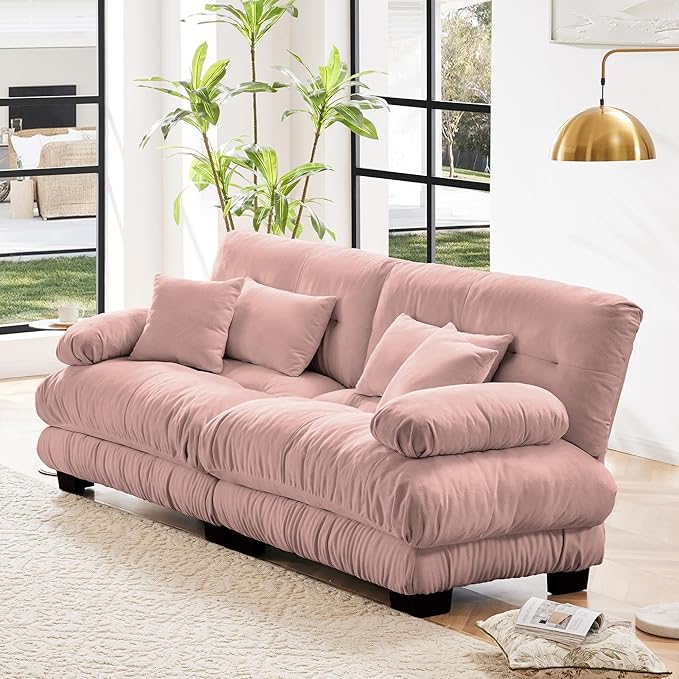 Loveseat Modular Sectional Sofa, Cloud Couch 2 Seater Sectional Couch Home Sofa Living Room Oversized Couch, Modern Deep Seat Couch with Chaise with Round Bolster Armrests 4 Pillows(Pink)