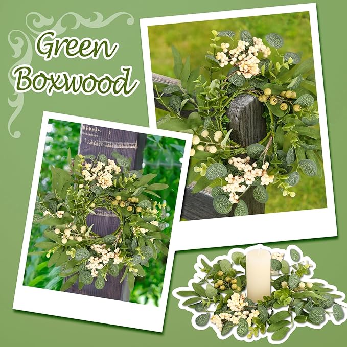 6 Pcs Green Eucalyptus Swag Wreaths for Pillars Spring Summer Kitchen Cabinet Wreaths Mini Green Berry Leaves Wreath with Ribbon for Front Door Porch Wall Window Farmhouse Decoration