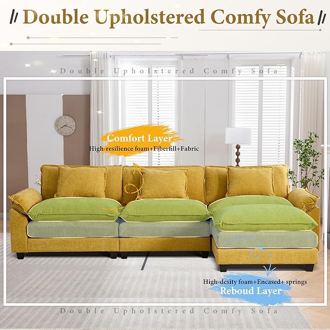 URRED Modular Sectional Sofa Comfy Cloud Couch, Modern Chenille Sofa Sleeper Deep Seat Couches with Ottoman/Pillows for Living Room (Yellow, 117''- L Shape)