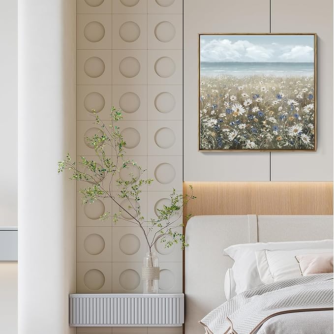 Framed Wall Art for Bedroom Decor Farmhouse Boho Beach Coastal Vintage Floral Ocean Wall Picture Daisy Flowers Sea Canvas Print Nautical Neutral Seascape Artwork for Home Living Room Bedroom Office