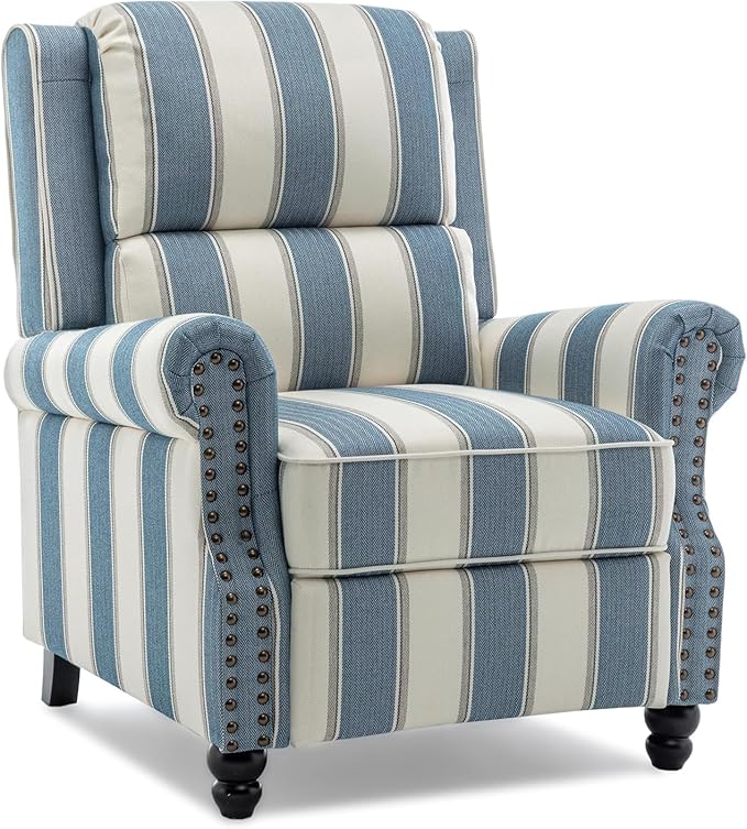 UIXE Pushback Recliner Chair Push Back Accent Chair, Fabric Overstuffed Armchair for Living Room, Rivet Trim Club Chair Home Theater Single Sofa Bedroom Reading Seat - Stripe Navy
