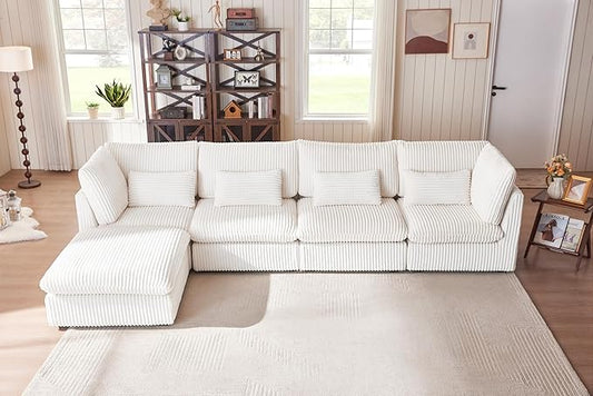 Oversized Modular Sofa, Extra Deep Cloud Corduroy Sectional Couch with Ottoman Chaise, Fluffy Corduroy 5 Seater Sofa Bed for Living Room, Villa (L Shape 5 Seater, Corduroy White)
