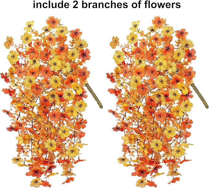INSPRING Artificial Fall Flowers for Outdoors Decoration, 2Pcs Fake Fall Light Orange & Yellow Hanging Flowers, Faux Autumn Decor for Porch Patio Balcony Planter, Realistic Arrangement