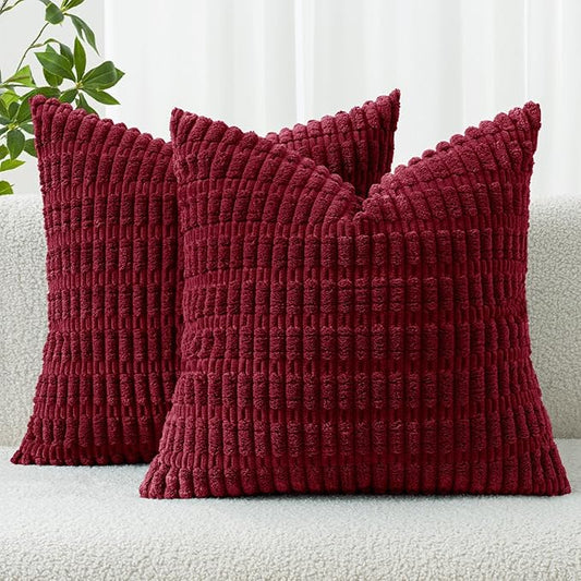 MIULEE Pack of 2 Christmas Burgundy Corduroy Decorative Euro Sham Pillow Covers 22x22 Inch Soft Boho Striped Throw Pillow Covers Modern Farmhouse Home Decor for Sofa Living Room Couch Bed