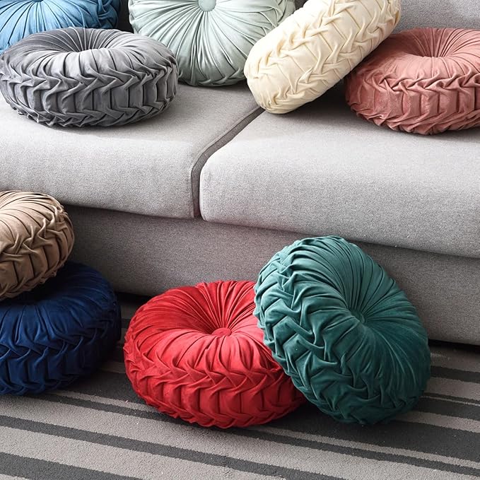 1 Pcs Round Throw Pillow Velvet Home Decoration Pleated 3D Pumpkin Pillow Cushion for Couch Chair Bed Car 14.17" (Green)