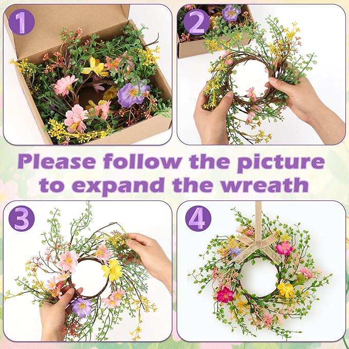 6 Pcs Spring Summer Hanging Flower Swags Wreaths Mini Artificial Wild Flower Wreath Artificial Candle Rings Wreaths for Pillar Front Door Porch Wall Window Farmhouse All Seasons Decoration