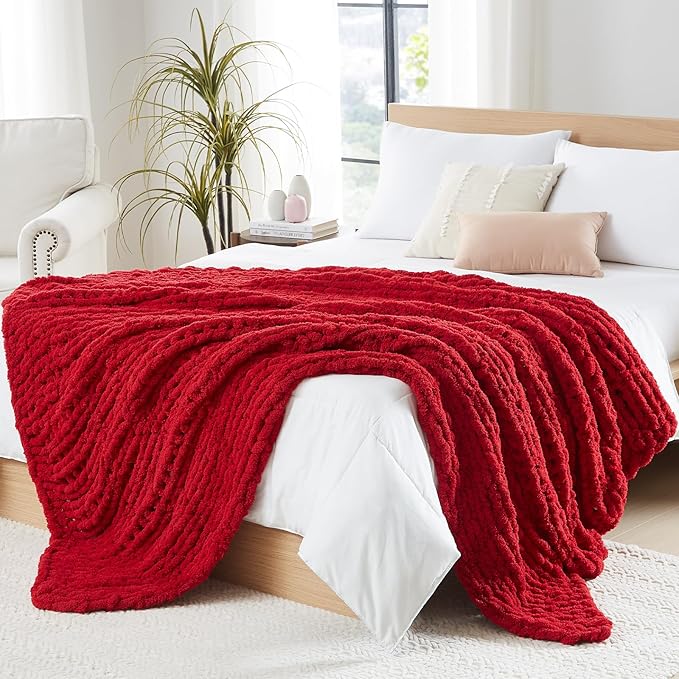 L'AGRATY Chunky Knit Blanket Throw - Soft Chunky Throw Blanket 50x60: 100% Hand Kintted Chenile Crochet Blanket Large Cable Knit Chunky Blanket - Rope Knot Throw Blanket for Couch Home Decor(Red)