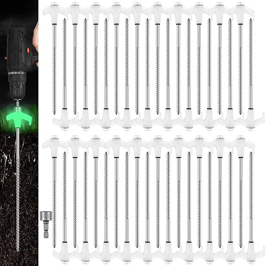 Hicarer 40 Pcs 20 Pcs 8'' Screw in Tent Stakes Heavy Duty Ground Metal Stakes for Inflatables with Hex Head Driver for Outdoor Camping Tent Inflatable Garden Decor (Luminous White)