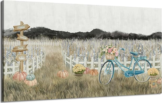Large Wall Art for Living Room Farmhouse Wall Decor, Modern Boho Vintage Organnic Country Rustic Cottagecore Neutral Landscape Artwork with Mountains Bicycle Flower, Floral Picture Bedroom Kitchen