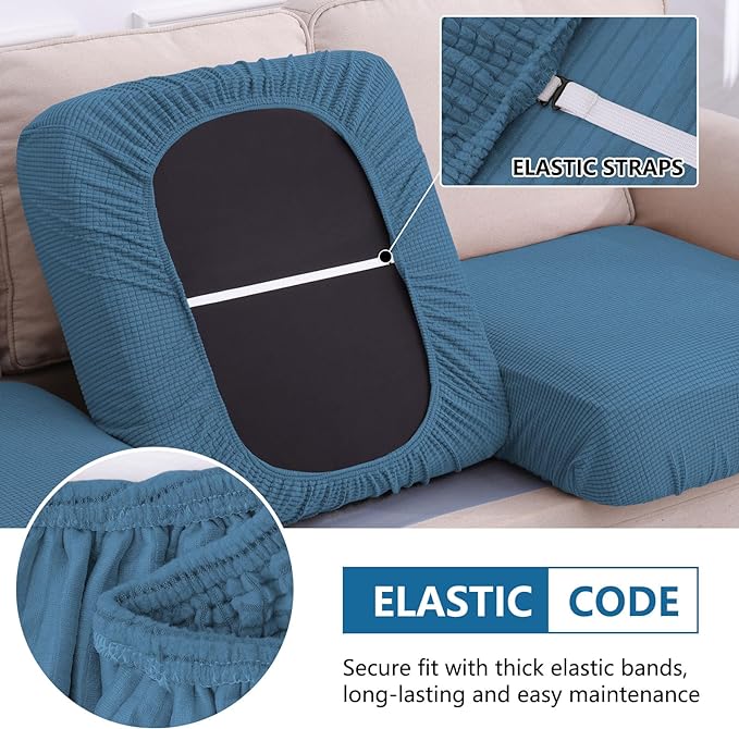 hyha Waterproof Couch Cushion Covers for Pets, Non Slip Sofa Seat Cover for Dogs Washable, Soft Thick Stretch Jacquard Fabric, Sofa Slipcovers with Elastic Bottom (2 Pieces, Blue)
