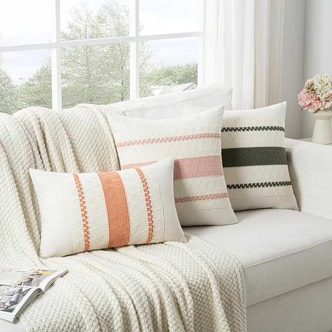 Fancy Homi Set of 2 Boho Pink Long Lumbar Decorative Throw Pillow Cover 14x24 Inch for Couch Bed Sofa Chair, Modern Organic Farmhouse Home Decor, Soft Cotton Cute Accent Rectangle Cushion Case