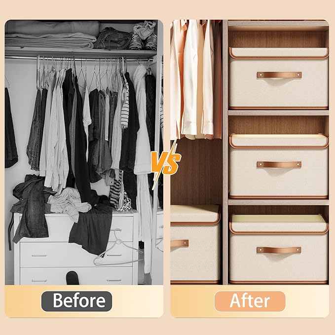 Tuza 2 Pack Storage Bins with Lids, Collapsible Closet Organizer Container, Fabric Organizer Box with Handles, Decorative Storage Boxes with Lids for Organizing Clothes, Blanket, White, Extra Large