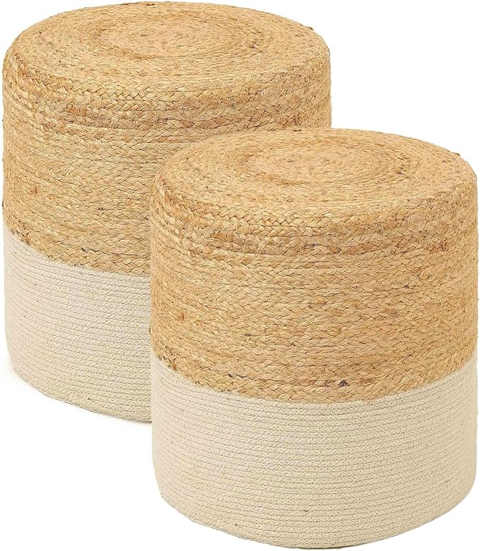 REDEARTH · Cylindrical Pouf Foot Stool Ottoman - Jute Braided Accent Sitting Footrest for The Living Room, Bedroom, Nursery, Patio, Lounge Set of 2 (14.5”x14.5”x16”; Natural Ivory)