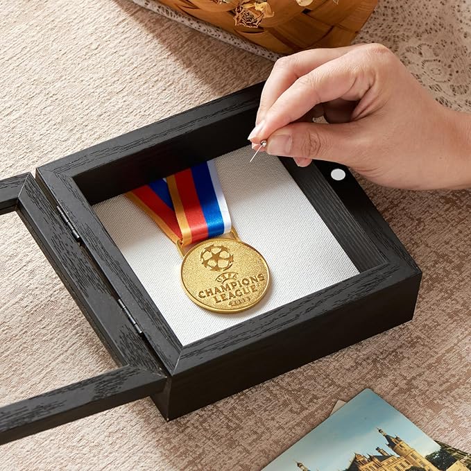 5x5 Deep Shadow Box Picture Frame Display Case with Linen Back ,Real Glass Small Mini Black Shadow Memory Box Frame 5x5 for Insect Display Pet Photo Memorial Flower Art Craft Wall Decor Gift