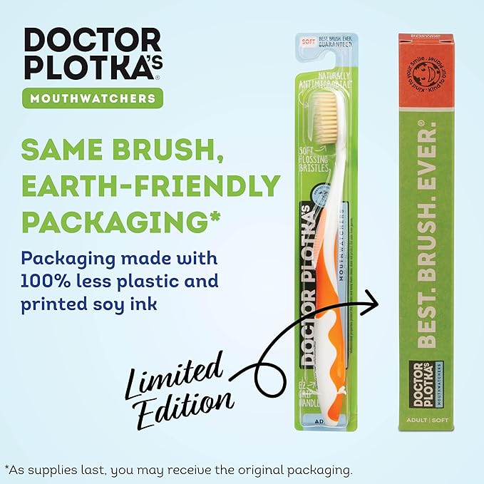 MOUTHWATCHERS Soft Flossing Toothbrushes for Kids, Yellow, Ultra Clean Manual Toothbrush for Sensitive Teeth & Gums, by Dr. Plotka