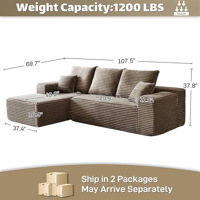 HYJT-H&K Modular Sectional Sofa Cloud Couch, 107" Comfy L Shaped Sectional Couches for Living Room, Deep Seat Memory Foam Plush Fluffy Corduroy Boneless Couch Sectionals Left Facing Sofa Chaise Brown