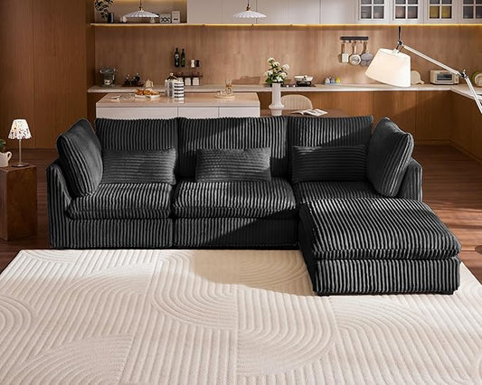 Oversized Modular Sofa, Extra Deep Cloud Corduroy Sectional Couch with Ottoman Chaise, Fluffy Chenille L-Shaped Sofas for Living Room, Villa (L Shape 4 Seater, Corduroy Black)