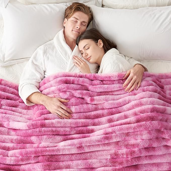 Cozy Bliss Faux Fur Throw Blanket for Couch, Cozy Warm Plush Striped Blanket for Sofa Bedroom Living Room,50 * 60 Inches Tie-dye Pink