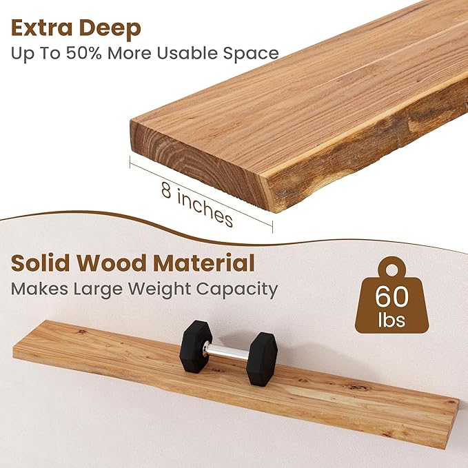 Floating Shelves for Wall Decor, Rustic Solid Elm Wood Floating Shelves Wall Mounted, Wall Shelves with Invisible Bracket for Living Room Bathroom Bedroom Kitchen, 48 Inch, Natural
