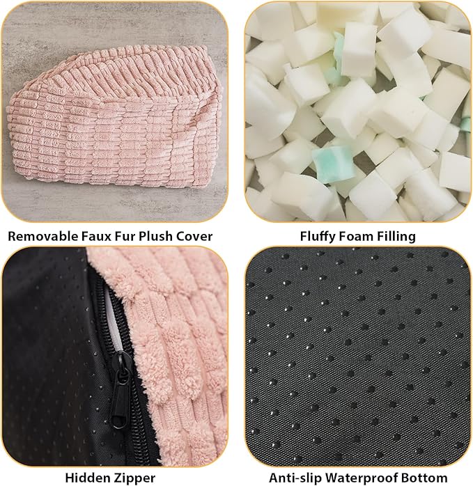 Round Stuffed Pouf Ottoman for Foot Rest, Storage Ottoman Pouf Foot Stool Cushion, Faux Fur Poufs with Foam Chunk Filling, 26 X 18 Inch Floor Chair for Living Room Bedroom Home Decor, Pink