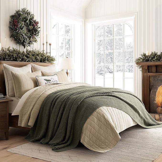 EVERGRACEHOME Chunky Chenille Knit Throw Blanket for Couch, Soft Luxurious Oversized Queen Moss Stitch Blanket for Bed, Large Cozy Farmhouse Knitted Throw for Sofa, Olive Green, 90" x 90"