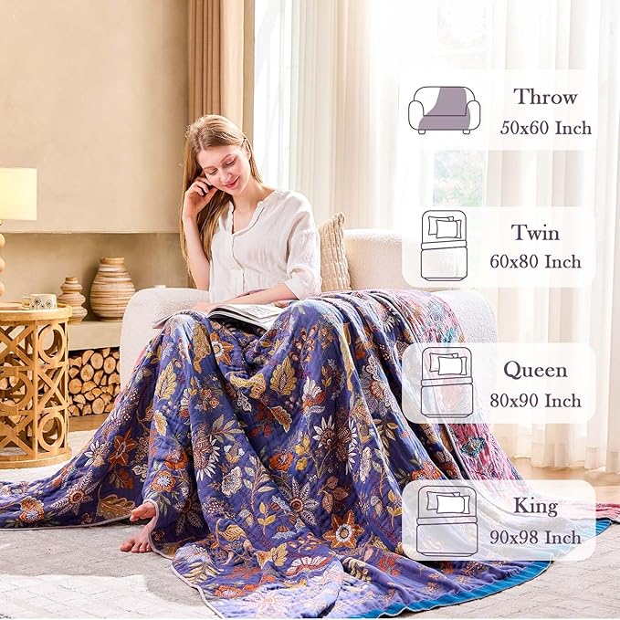 Boho Blanket, 100% Cotton Farmhouse Decorative Throw Blanket, 60"x80" Reversible Bohemian Throw Blanket, Purple All Season Muslin Breathable Woven Blankets Quilt