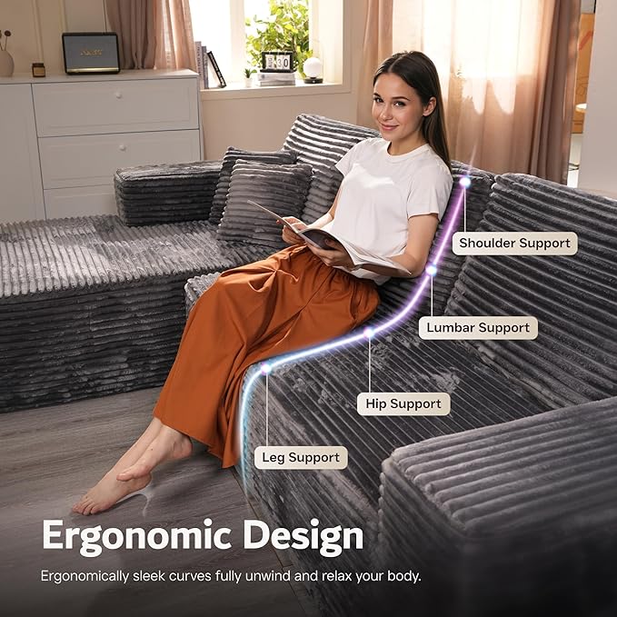 ovios Sectional Cloud Couch for Living Room, Modular Floor Sofa with Plush Corduroy, No Assembly Required, Big Comfy Couches Set with Fluffy Memory Foam, Stupendous U Shaped Sofas with Chaise, Black