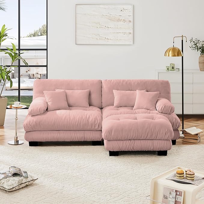 Loveseat Modular Sectional Sofa, L Shaped Couch with Ottoman, Cloud Couch Sectional Couch Home Sofa Living Room Oversized Couch Deep Seat Couch with Round Bolster Armrests 4 Pillows(Pink)