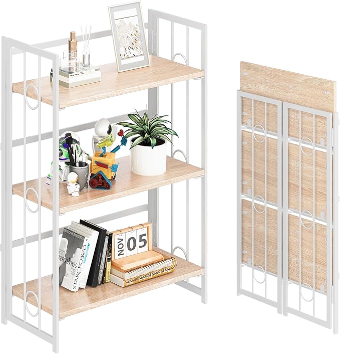 4NM No Assembly 3 Tiers Folding Bookshelf, 35" H Foldable Storage Shelves Vintage Bookcase Standing Racks Study Organizer Home Office - Natural White