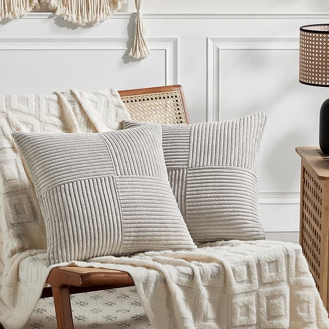 Fancy Homi 2 Packs Neutral Grey Decorative Throw Pillow Covers 22x22 Inch for Living Room Couch Bed Sofa, Rustic Farmhouse Boho Home Decor, Soft Corss Corduroy Patchwork Accent Cushion Case 55x55 cm