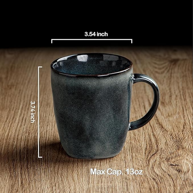 famiware Coffee Mugs Set of 4, Ocean Square 13oz Coffee Cup Set with Handle for Cocoa, Milk, Hot Chocolate, Stoneware Cups for Kitchen, Reactive Glaze, Microwave and Dishwasher Safe, Deep Forest