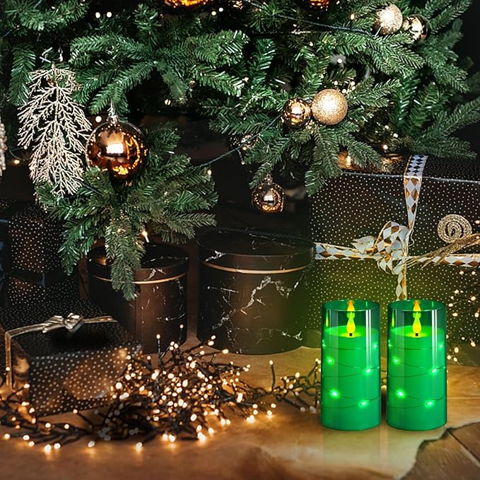 NURADA Flickering Flameless Candles: Built-in Star String Acrylic Battery LED Pillar Candles Candles with Remote and Timer for Home Party Weddings Christmas Halloween Decor -Green 2 Pack