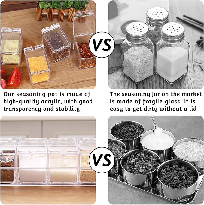 4 PCS Seasoning Box, Clear Spice Containers with Spoon, Acrylic Toppings Containers with Lids, Kitchen Multi Spice Box for Salt, Sugar, Pepper, Garlic Powder