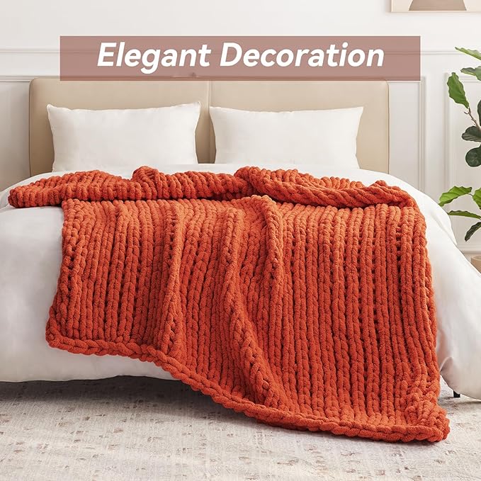 Chunky Knit Throw Blanket, 50''*60'' Fall Throw Blanket Knitted Chenille Yarn for Bed Couch, Handmade Orange Crochet Big Thick Blanket, Machine Washable Cute Comfy Blankets for Home Decor