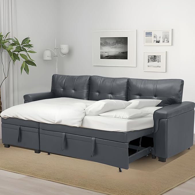 Naomi Home Transform Any Space: Sleeper Sectional Sofa with Convertible Sofa Bed & Inviting Chaise. Find Tranquil Comfort with Stress-Relieving Design & Durable Cushions - Dark Gray/Air Leather