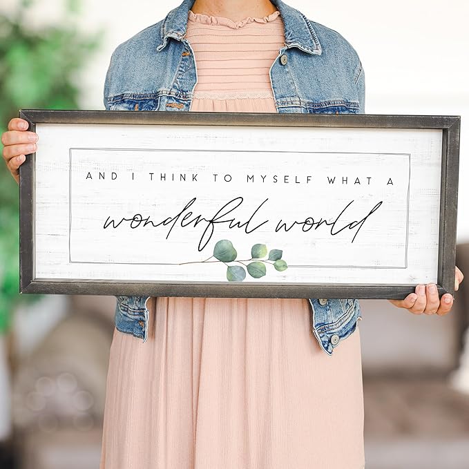 Simply Said, INC Farmhouse Frames What a Wonderful World Wooden Sign, Rustic Framed Wall Art, Inspirational Farmhouse Home Decor, 10 x 24 Inch