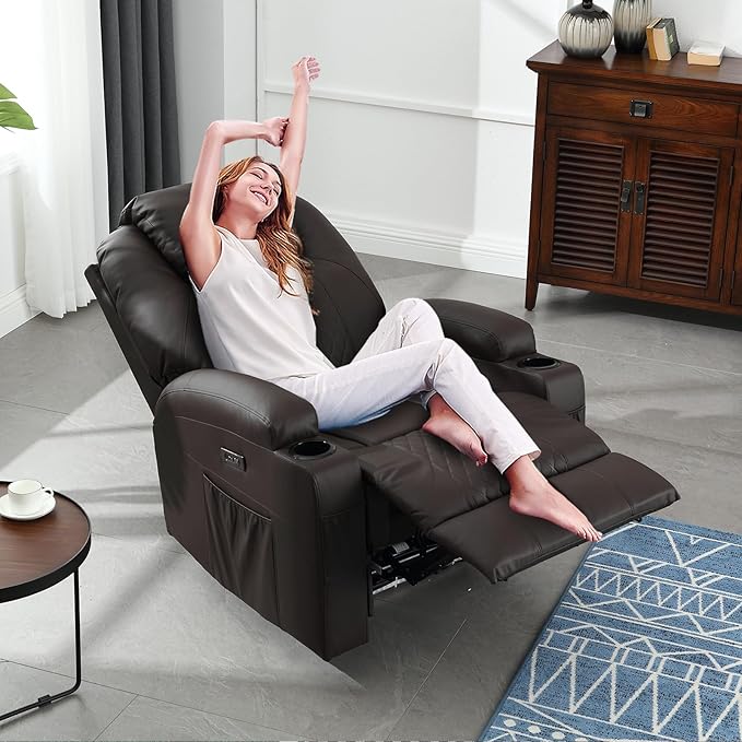 Power Recliner Chair with Heat and Massage, PU Leather Home Theater Seating with LED Lights/Cup Holders/Side Pocket/USB Port, Reclining Sofa Chair for Living Room(3, Brown)