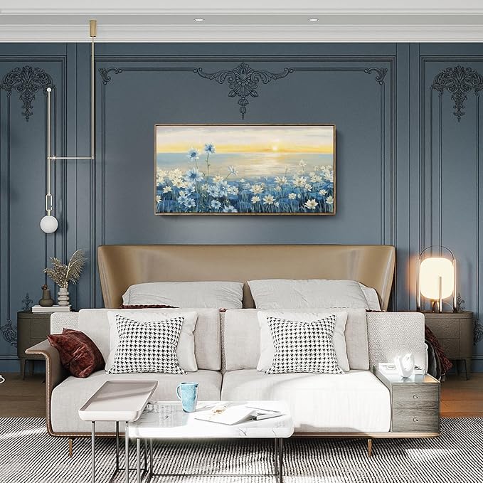 Large Framed Wall Art for Living Room Bedroom Office Decor, Modern Beach Canvas Wall Art Coastal Ocean Nature Blue Artwork Floral Sunrise/Sunset Zen Landscape Flower Wall Picture 48x24“