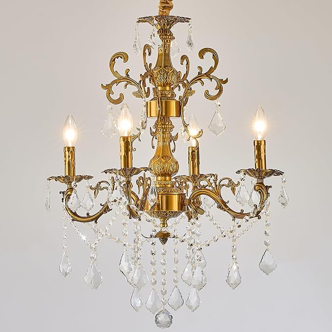 Vintage 4 Arms Crystal Chandelier Candle Light Fixture for Dining Room Living Room Bedroom Hallway Entryway Antique Gold Finish (23"-4 Lights)