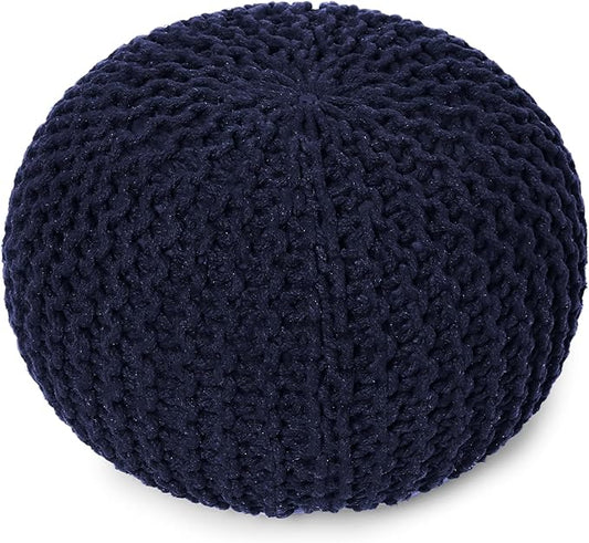 REDEARTH Round Pouf Foot Stool Bean Bag Ottoman - Cable Knitted Cord Boho Pouffe - Poof Accent Bean Bag - Handmade by Artisans for Living Room - Bedroom (19.5"x19.5"x14") - Navy Blue